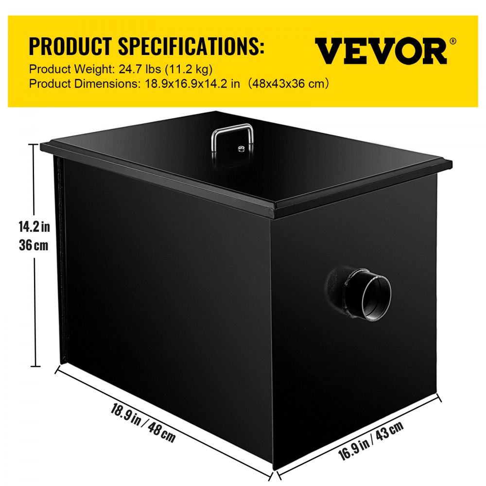 VEVOR Interceptor de grasa comercial 14 LB, trampa de grasa de acero al carbono 7 GPM, trampa interceptora de grasa con entrada de agua lateral, trampa de grasa debajo del fregadero para restaurante, cantina, fábrica, cocina casera