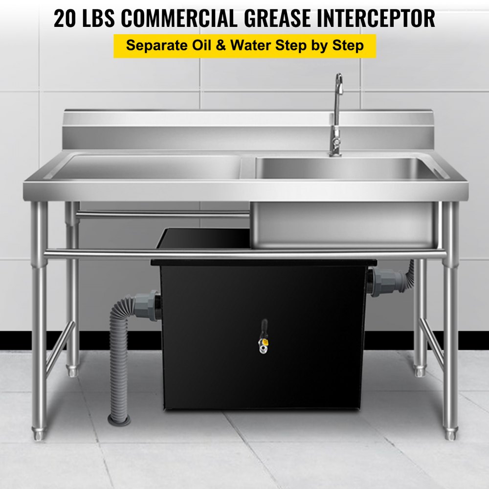 VEVOR Commercial Grease Interceptor 20 LB, Carbon Steel Grease Trap 10 GPM, Grease Interceptor Trap with Side Water Inlet, Under Sink Grease Trap for Restaurant Canteen Factory Home Kitchen