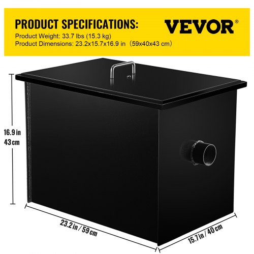 VEVOR Commercial Grease Interceptor 30 LB, Carbon Steel Grease Trap 15 GPM, Grease Interceptor Trap with Side Water Inlet, Under Sink Grease Trap for Restaurant Canteen Factory Home Kitchen