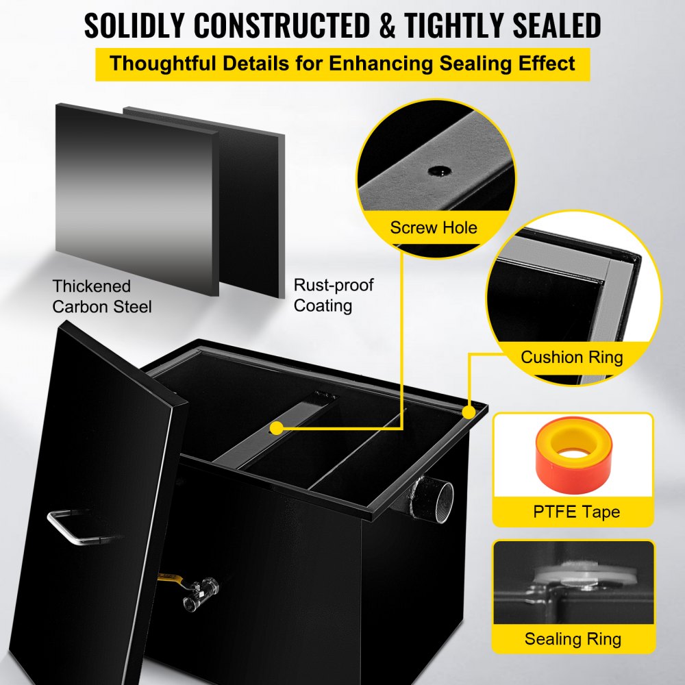 VEVOR Commercial Grease Interceptor 30 LB, Carbon Steel Grease Trap 15 GPM, Grease Interceptor Trap with Side Water Inlet, Under Sink Grease Trap for Restaurant Canteen Factory Home Kitchen