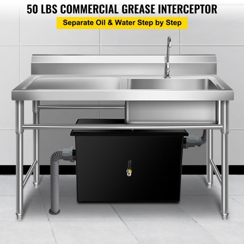 VEVOR Commercial Grease Interceptor 50 LB, Carbon Steel Grease Trap 25 GPM, Grease Interceptor Trap with Side Water Inlet, Under Sink Grease Trap for Restaurant Canteen Factory Home Kitchen