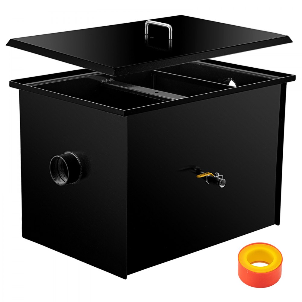 VEVOR grease interceptor solid black box with open lid and pipe fitting.