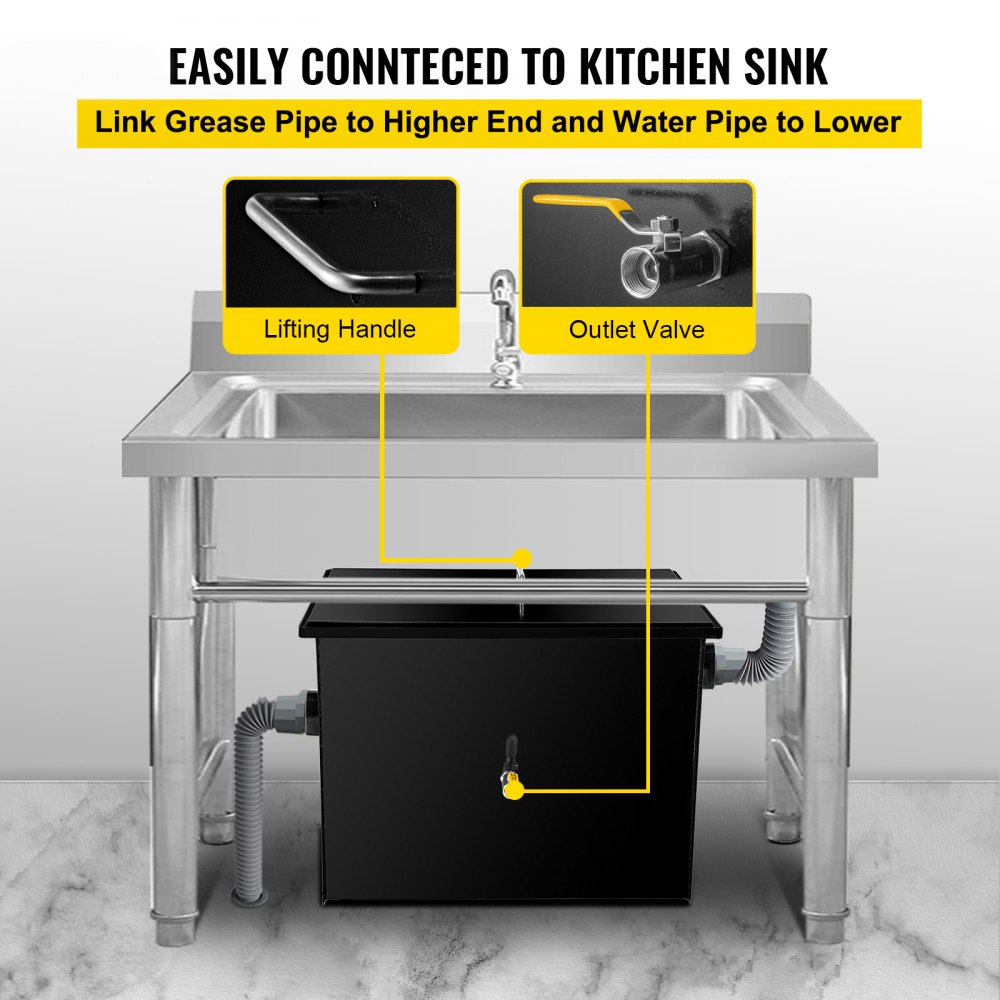 VEVOR Commercial Grease Interceptor 70 LB, Carbon Steel Grease Trap 35 GPM, Grease Interceptor Trap with Side Water Inlet, Under Sink Grease Trap for Restaurant Canteen Factory Home Kitchen