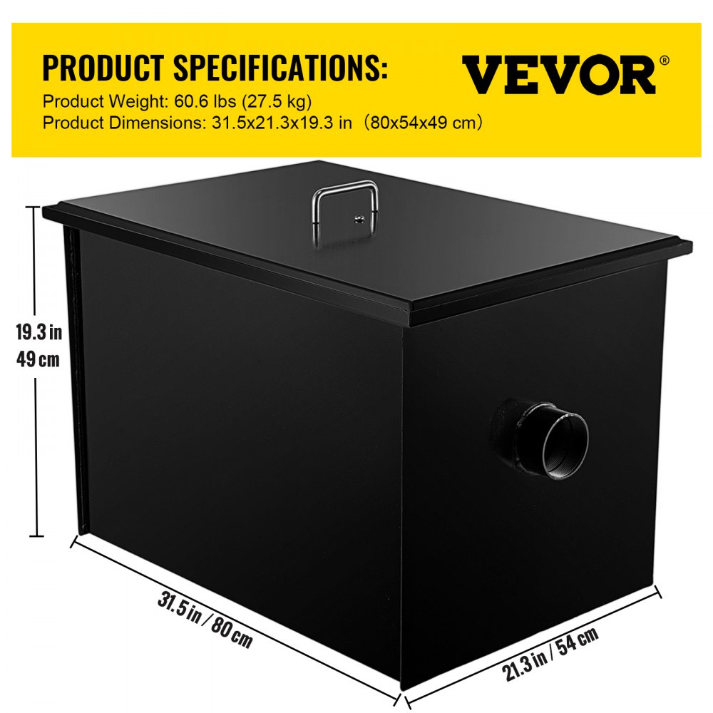 VEVOR Commercial Grease Interceptor 70 LB, Carbon Steel Grease Trap 35 GPM, Grease Interceptor Trap with Side Water Inlet, Under Sink Grease Trap for Restaurant Canteen Factory Home Kitchen