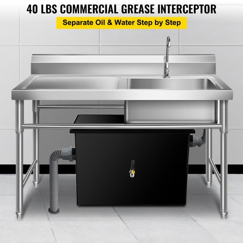 VEVOR Commercial Grease Interceptor 40 LB, Carbon Steel Grease Trap 20 GPM, Grease Interceptor Trap with Side Water Inlet, Under Sink Grease Trap for Restaurant Canteen Factory Home Kitchen