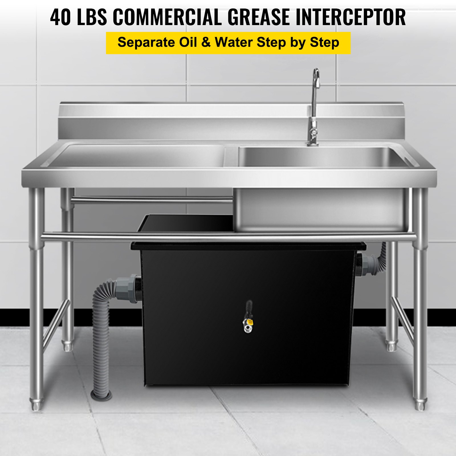VEVOR Commercial Grease Interceptor 40 LB, Carbon Steel Grease Trap 20 GPM, Grease Interceptor Trap with Side Water Inlet, Under Sink Grease Trap for Restaurant Canteen Factory Home Kitchen