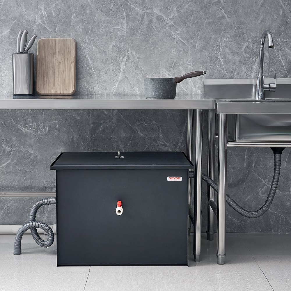 VEVOR Commercial Grease Trap, 40 LBS Grease Interceptor, Side Inlet Interceptor, Under Sink Carbon Steel Grease Trap, 15.2 GPM Waste Water Oil-water Separator, for Restaurant Canteen Home Kitchen