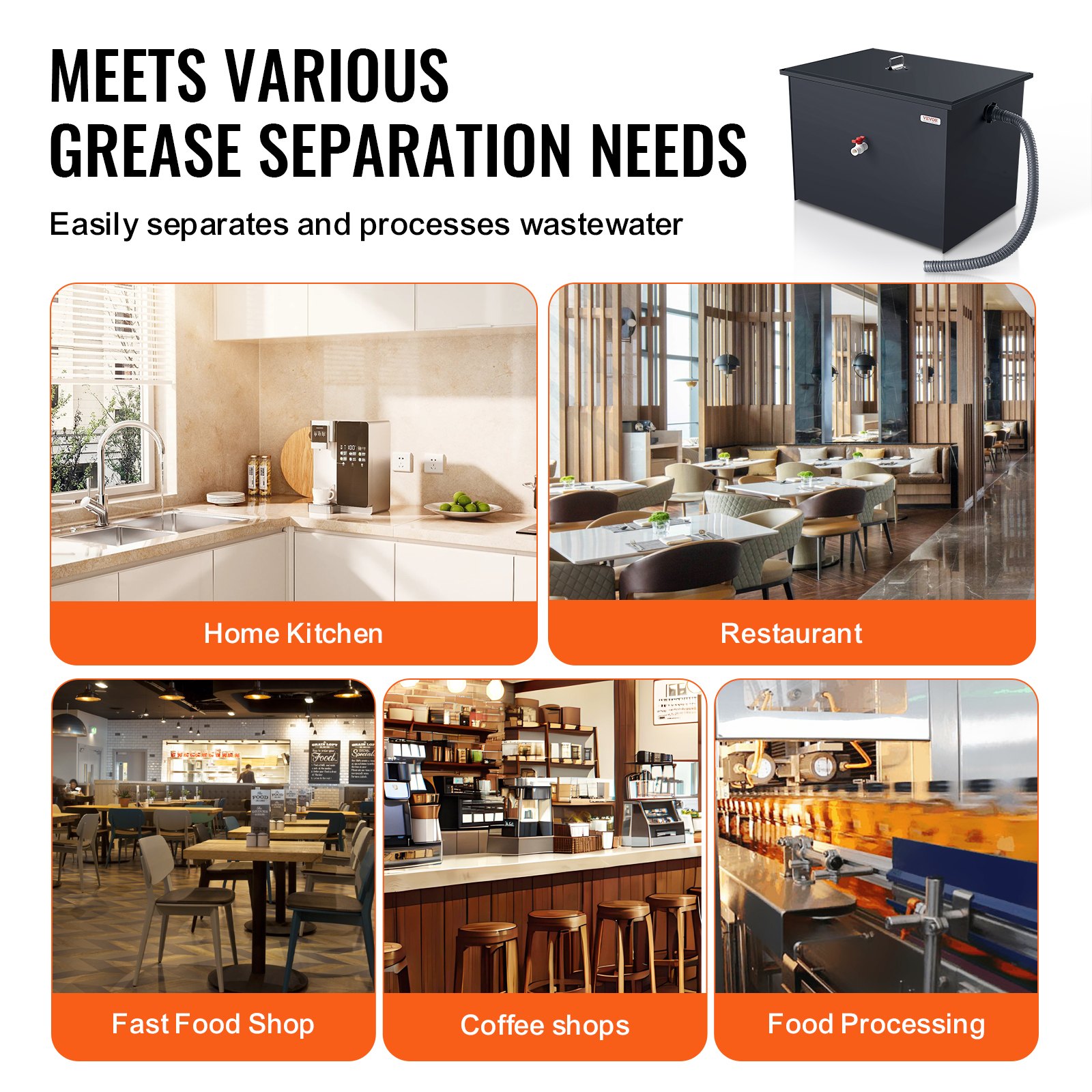 VEVOR Commercial Grease Trap, 40 LBS Grease Interceptor, Side Inlet Interceptor, Under Sink Carbon Steel Grease Trap, 15.2 GPM Waste Water Oil-water Separator, for Restaurant Canteen Home Kitchen