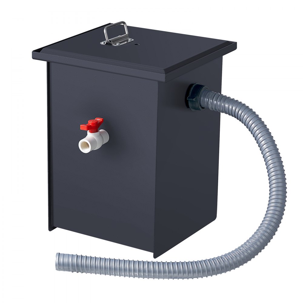 black VEVOR oil drain tank with flexible hose and red valve.