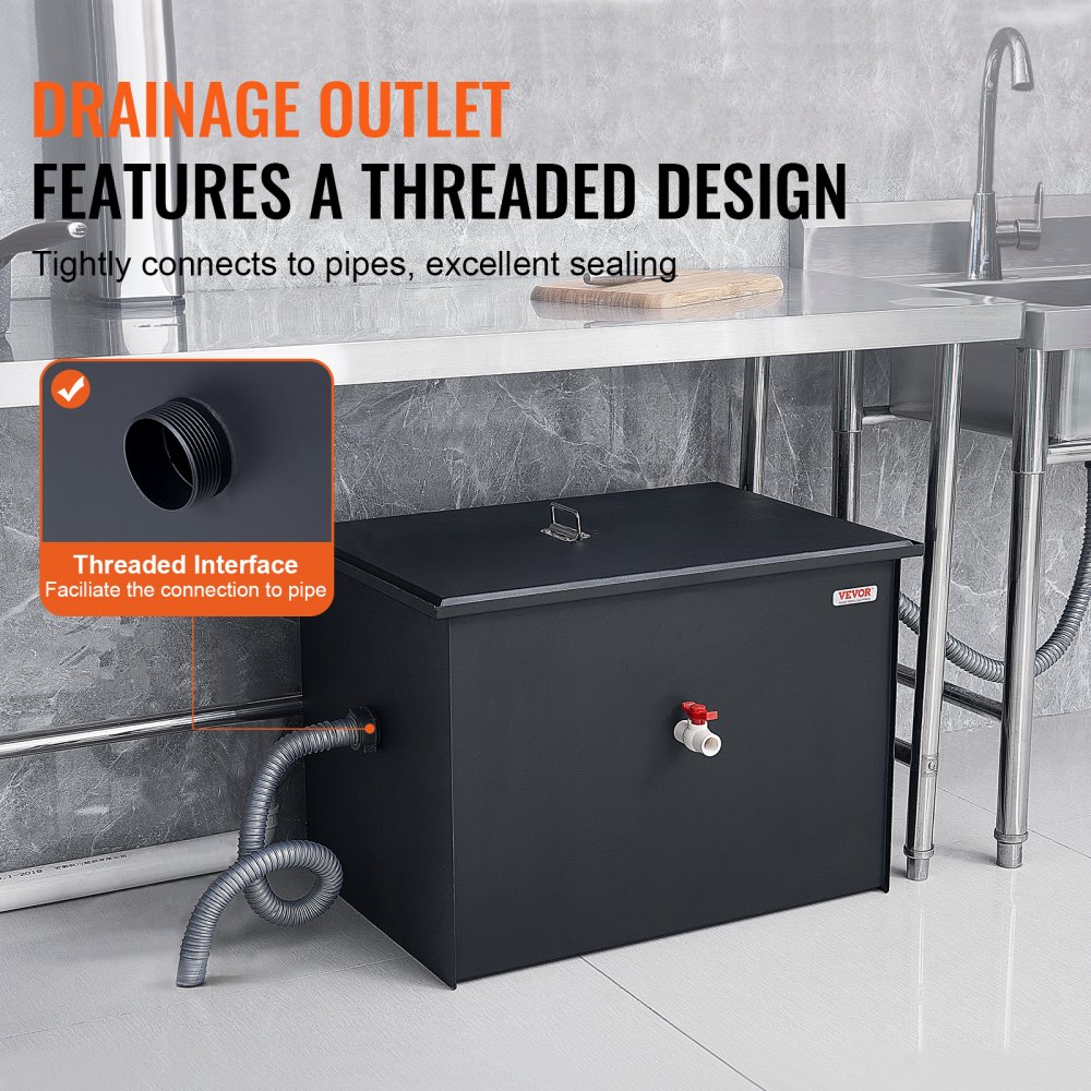 VEVOR Commercial Grease Trap, 50 LBS Grease Interceptor, Side Inlet Interceptor, Under Sink Carbon Steel Grease Trap, 19.3 GPM Waste Water Oil-water Separator, for Restaurant Canteen Home Kitchen