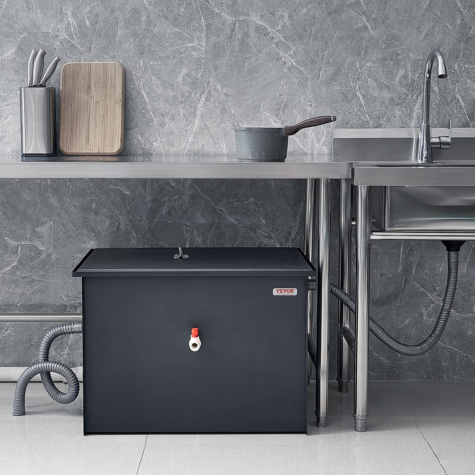 VEVOR Commercial Grease Trap, 50 LBS Grease Interceptor, Side Inlet Interceptor, Under Sink Carbon Steel Grease Trap, 19.3 GPM Waste Water Oil-water Separator, for Restaurant Canteen Home Kitchen