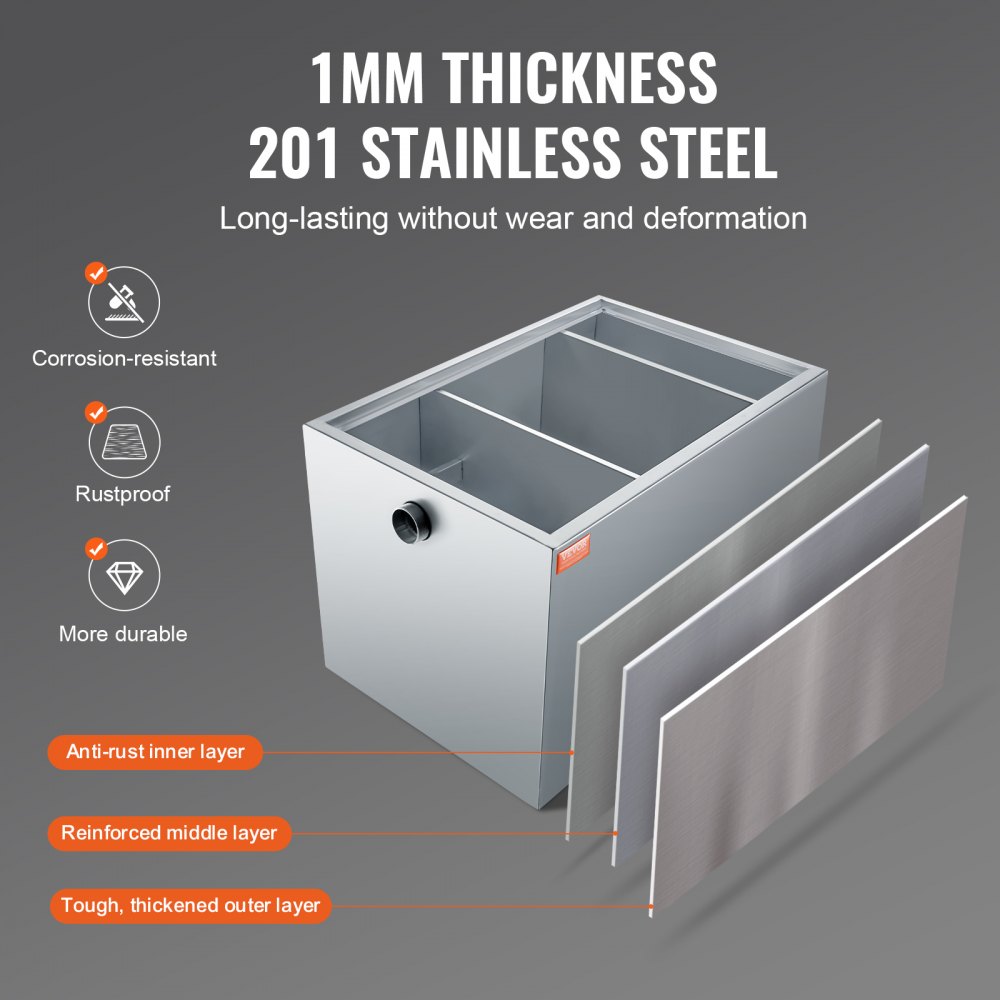 VEVOR Commercial Grease Trap, 40 LBS Grease Interceptor, Side Inlet Interceptor, Under Sink Stainless Steel Grease Trap, 10 GPM Waste Water Oil-water Separator, for Restaurant Canteen Home Kitchen