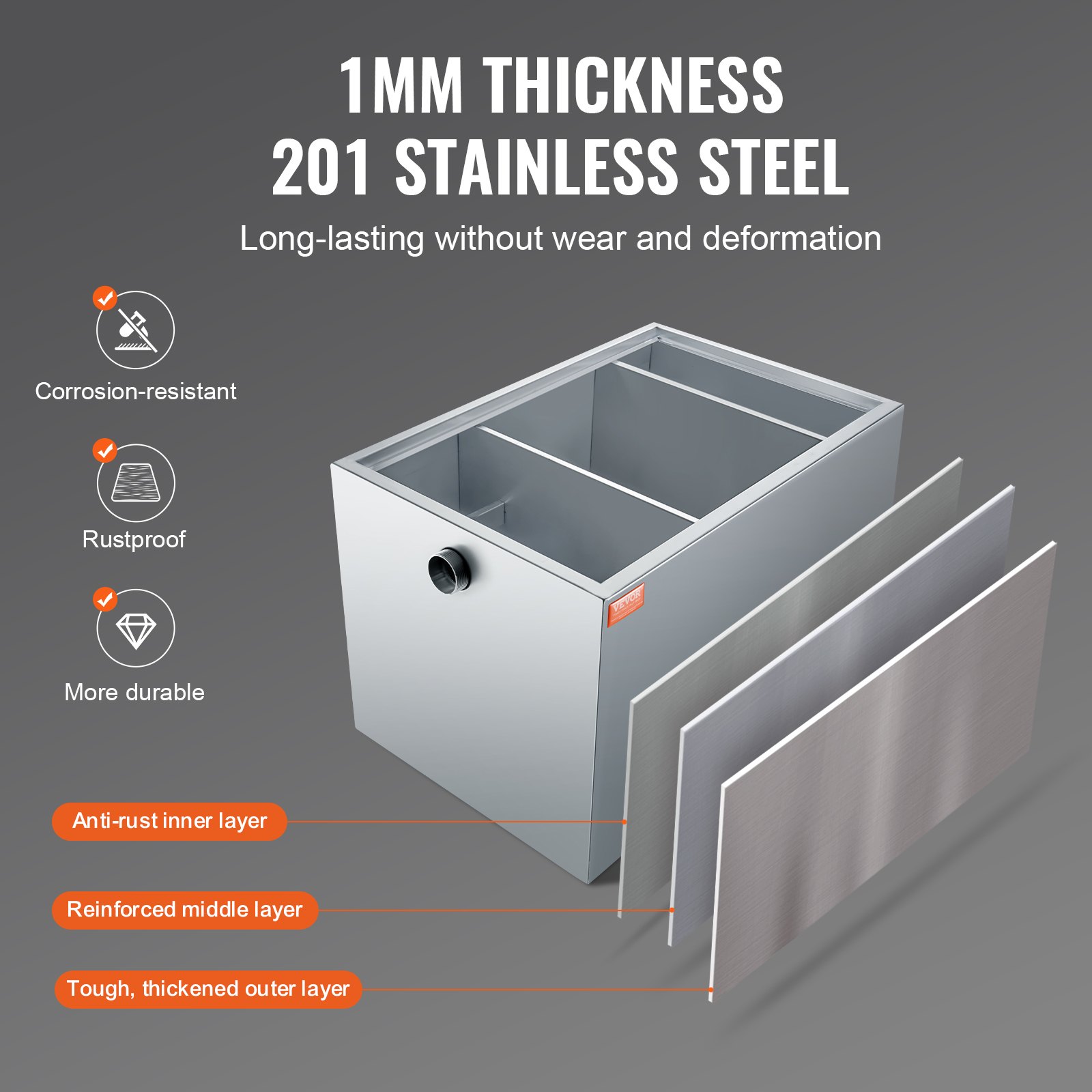 VEVOR Commercial Grease Trap, 40 LBS Grease Interceptor, Side Inlet Interceptor, Under Sink Stainless Steel Grease Trap, 10 GPM Waste Water Oil-water Separator, for Restaurant Canteen Home Kitchen