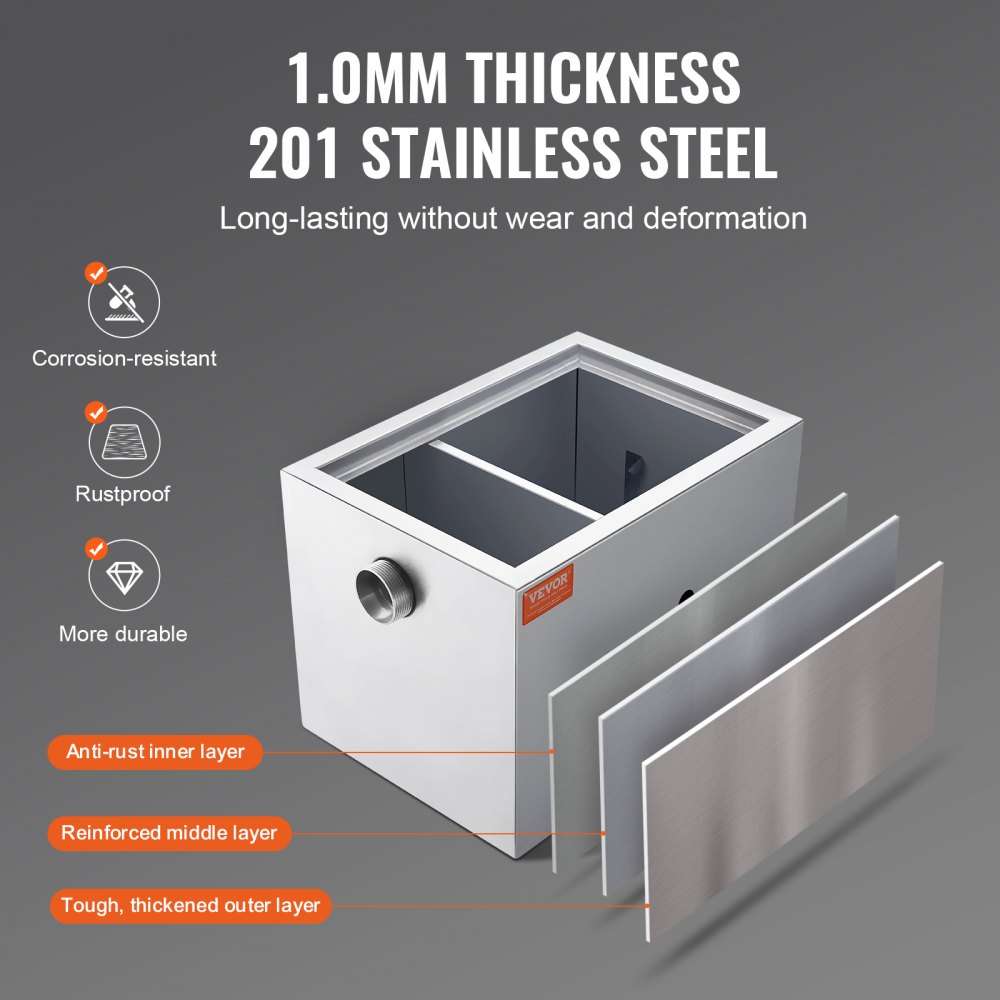 VEVOR Commercial Grease Trap, 3.6 kg Grease Interceptor, Side Inlet Interceptor, Under Sink Stainless Steel Grease Trap, 2.8 GPM Waste Water Oil-water Separator, for Restaurant Canteen Home Kitchen
