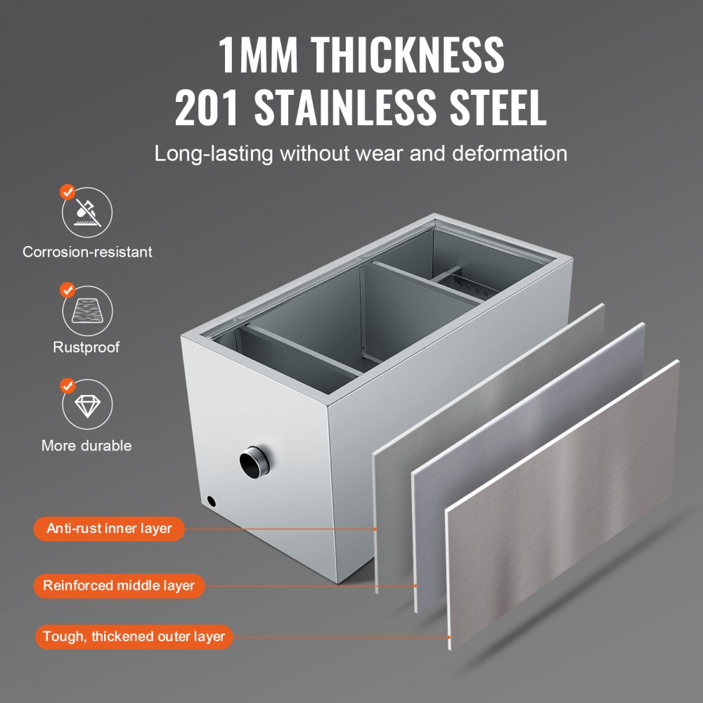 VEVOR Commercial Grease Trap, 25 LBS Grease Interceptor, Top Inlet Interceptor, Under Sink Stainless Steel Grease Trap, 6.4 GPM Waste Water Oil-water Separator, for Restaurant Canteen Home Kitchen