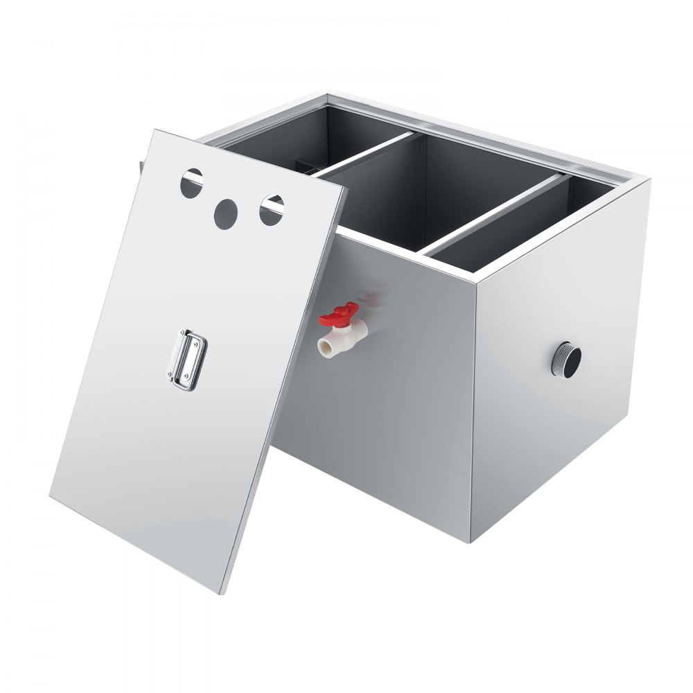 stainless steel VEVOR grease trap with removable lid and internal compartments.