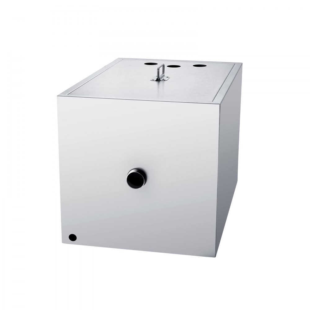 stainless steel VEVOR grease trap with multiple ports and a top handle for easy maintenance.