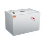 stainless steel VEVOR grease trap with inlet and outlet pipes, red valve, and top access lid.