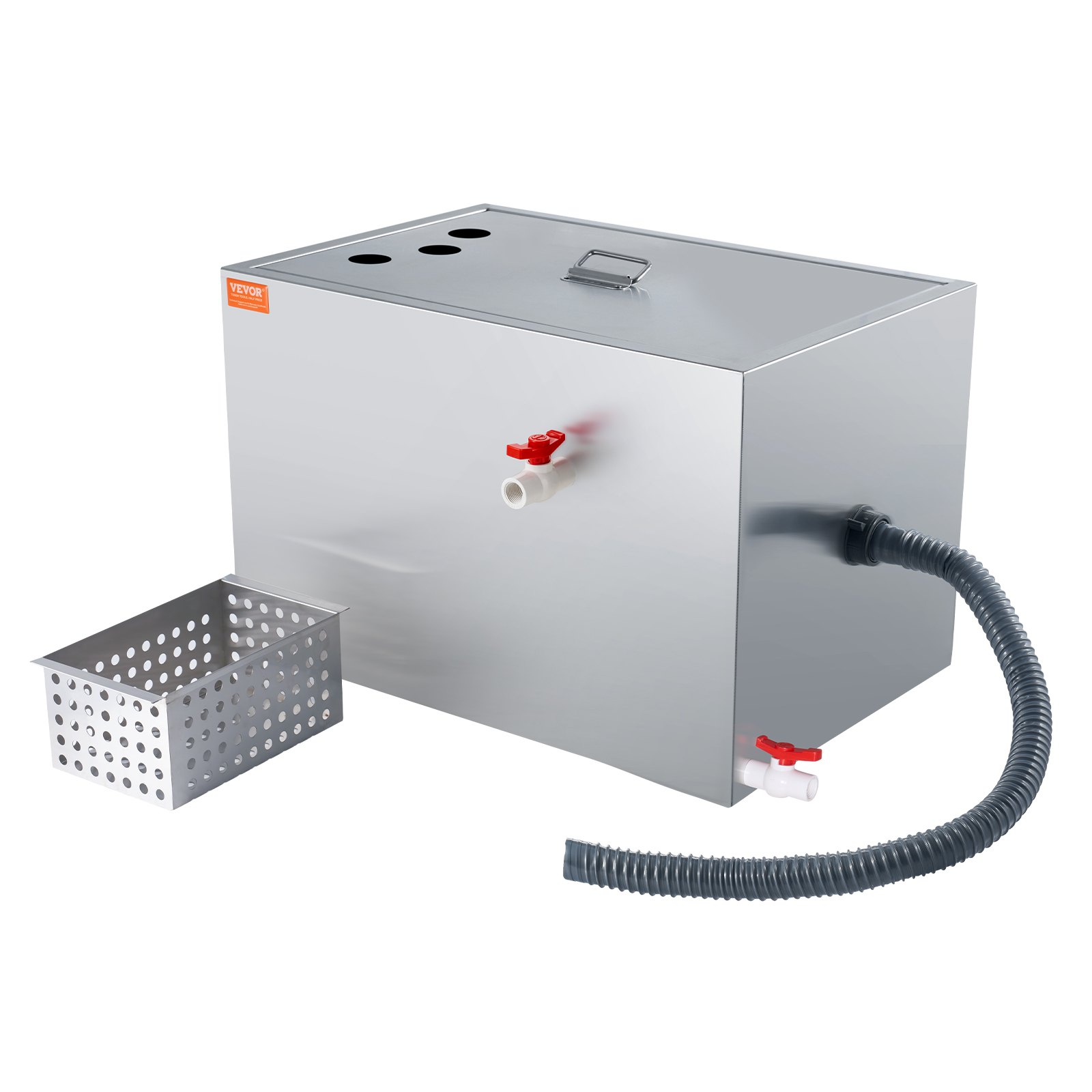 VEVOR grease trap with stainless steel construction, red valves, flexible hose, and perforated filter basket.