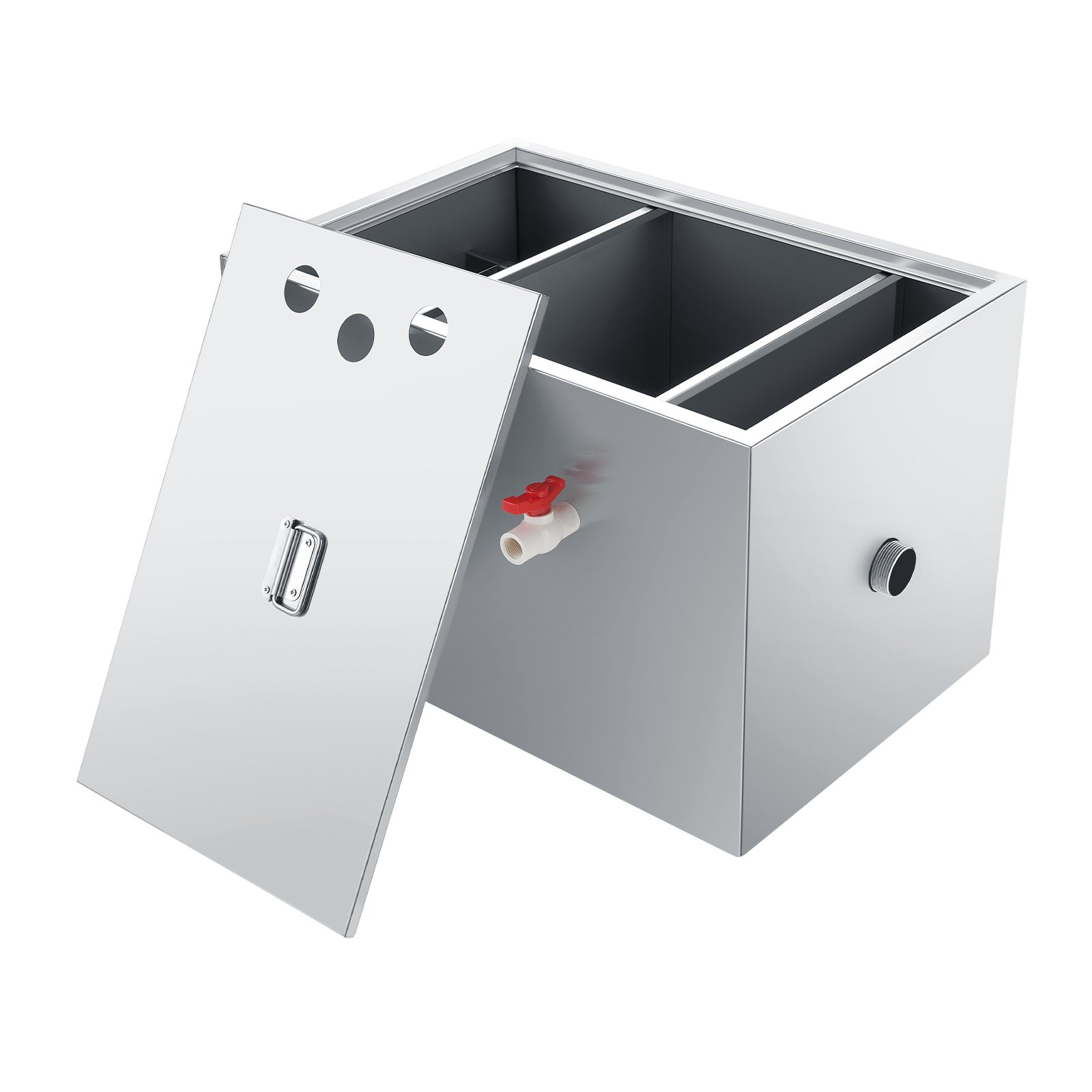 stainless steel VEVOR grease trap with removable lid and internal compartments.