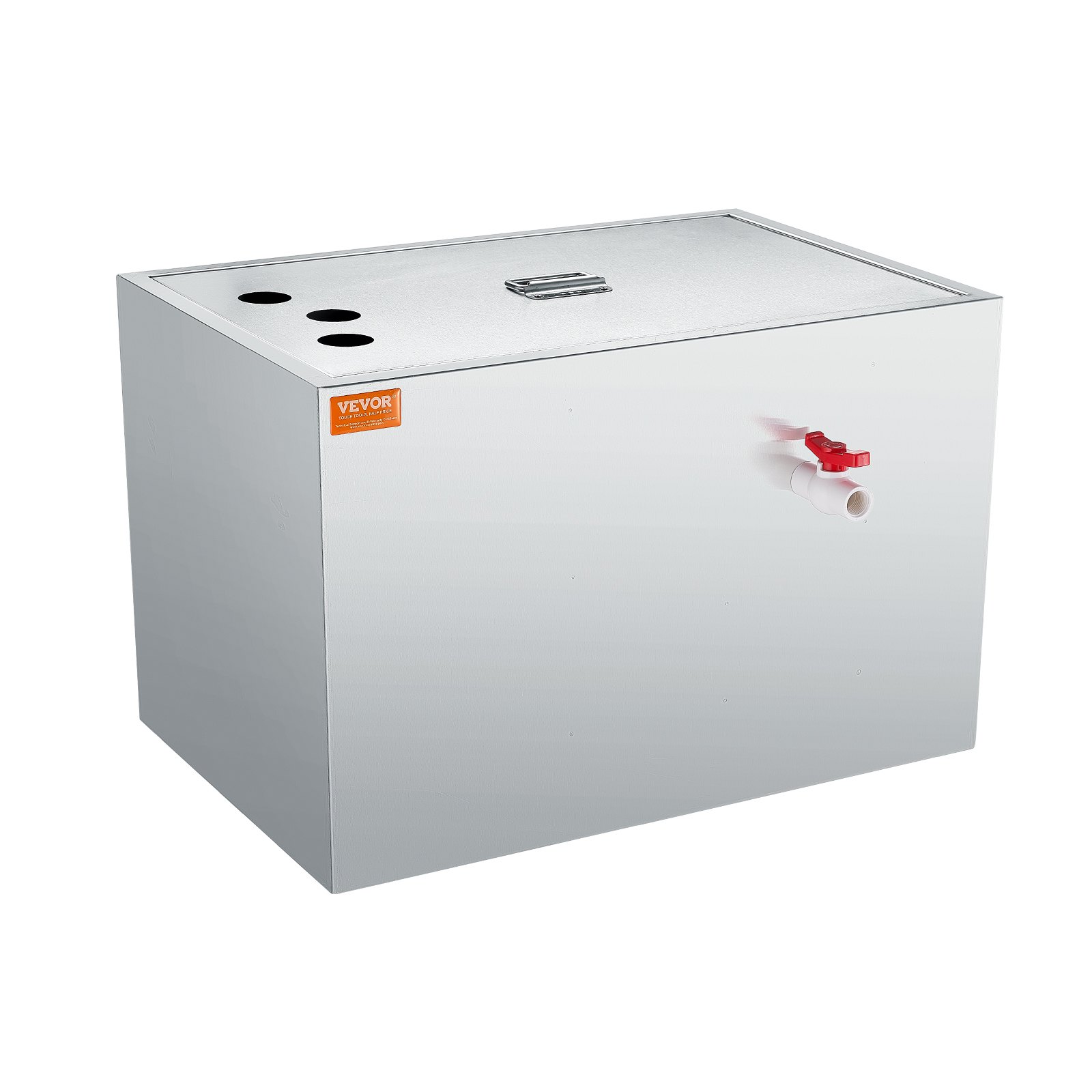 stainless steel VEVOR grease trap with inlet and outlet pipes, red valve, and top access lid.