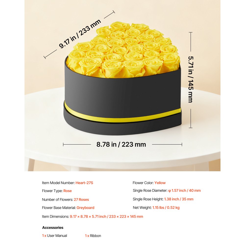 VEVOR Forever Flowers, 27 Preserved Roses in a Heart Shape Box, Eternal Flowers Immortal Bouquet Birthday Present for Women Her Wife Mothers, Anniversary, Valentine's Day,Christmas, Yellow