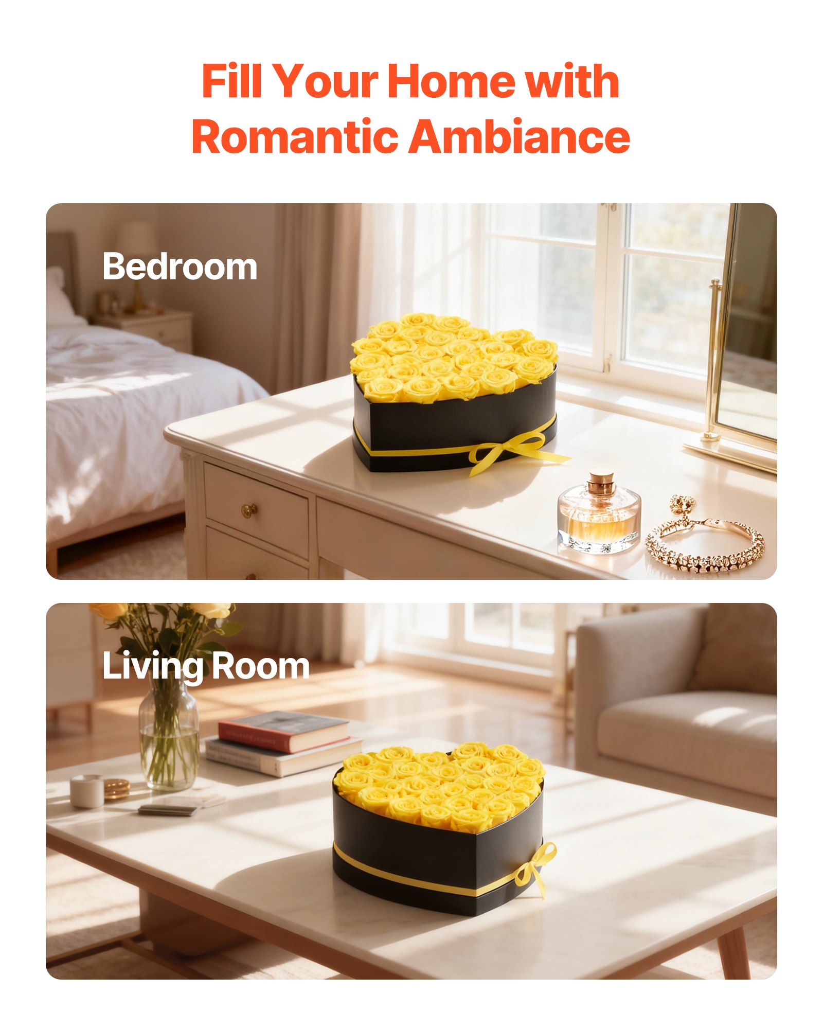 VEVOR Forever Flowers, 27 Preserved Roses in a Heart Shape Box, Eternal Flowers Immortal Bouquet Birthday Present for Women Her Wife Mothers, Anniversary, Valentine's Day,Christmas, Yellow