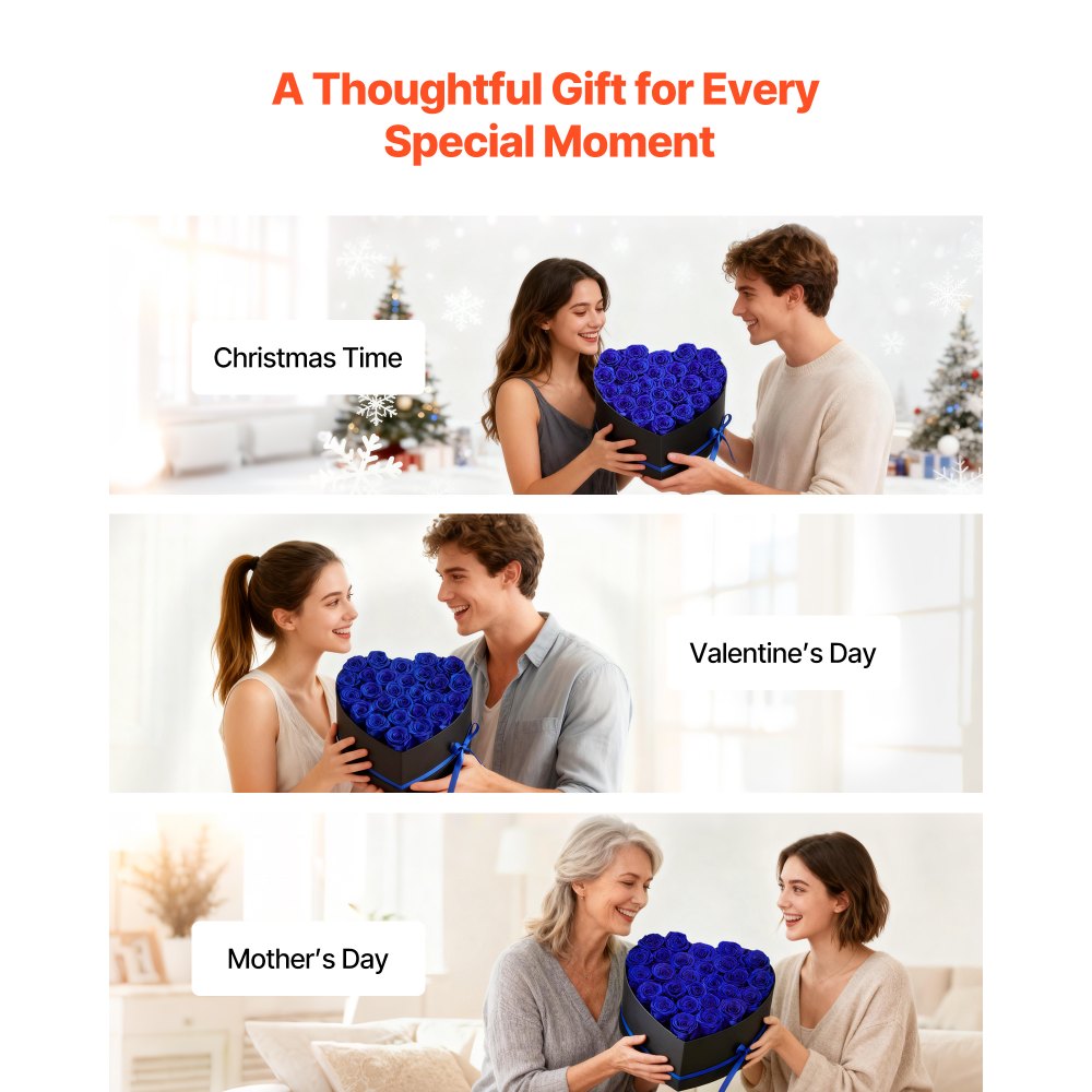 VEVOR Forever Flowers, 27 Preserved Roses in a Heart Shape Box, Eternal Flowers Immortal Bouquet Birthday Present for Women Her Wife Mothers, Anniversary, Valentine's Day,Christmas, Royal Blue