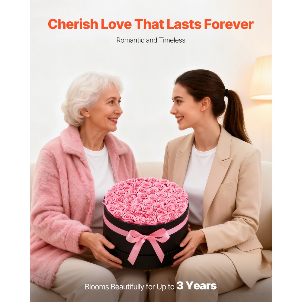 VEVOR Forever Flowers, 50 Preserved Roses in a Box, Eternal Flowers Immortal Bouquet Birthday Present for Delivery Prime Women Her Wife Mothers, Anniversary, Valentine's Day,Christmas, Sweet Pink