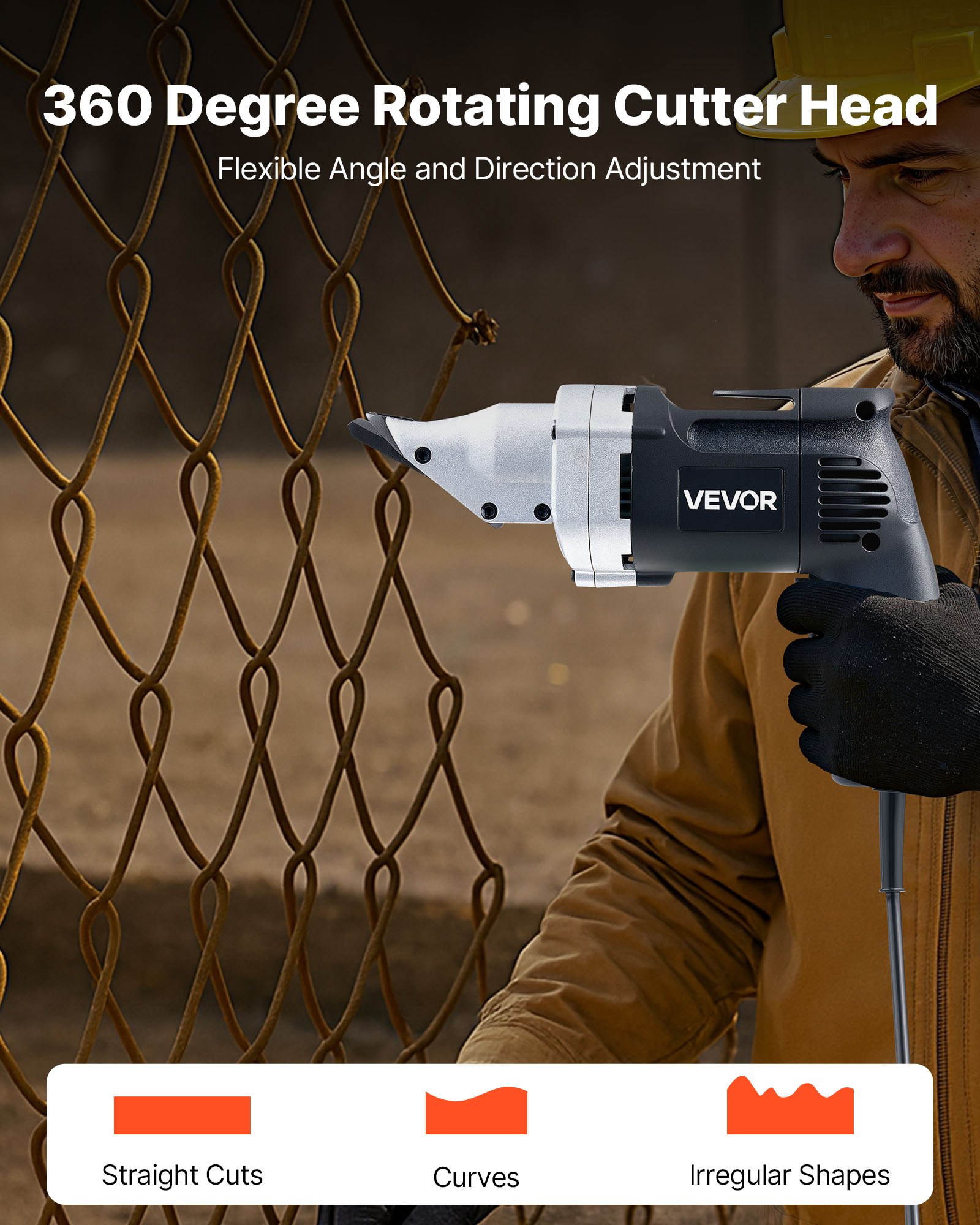 VEVOR Electric Metal Shear, 4.0-Amp Corded Sheet Metal Cutter with 360-Degree Swivel Head, Variable Speed, Continuous Cutting, Clean Cut for 18GA Galvanized Steel, 20 GA Stainless Steel, 2500 SPM