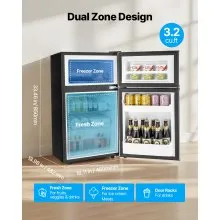 VEVOR Mini Fridge with Freezer 3.2 Cu.Ft Two Door Compact Refrigerator Black