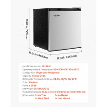 VEVOR Mini Fridge 1.6 Cu.Ft Single Door Compact Small Refrigerator Stainless
