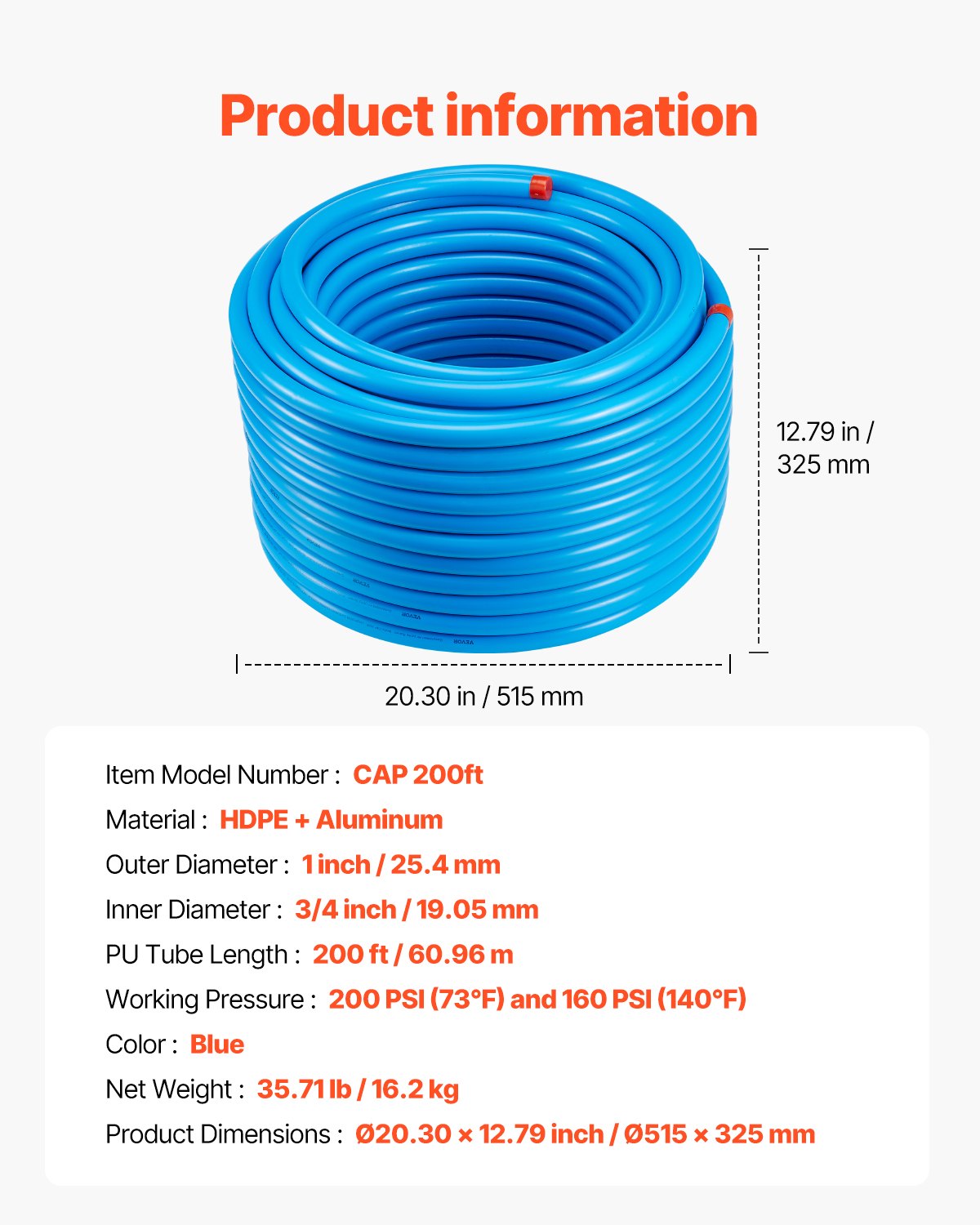 VEVOR Air Compressor Line Kit, 200FT x 3/4", HDPE-Aluminum Compressed Air Piping System, Leak-Proof & Easy-to-Install, Compressed Air Line Tubing Kit for Garages Workshops, Blue