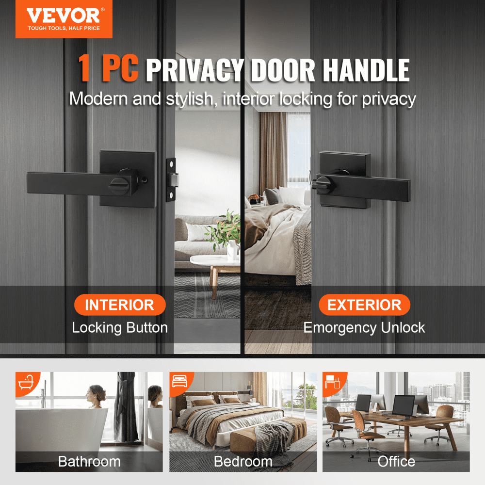 VEVOR Privacy Door Handle, 10 Pack Matte Black Door Lever, Left or Right Handing Reversible Lever with Keyless Lock, 45° Rotation to Open, Universal Square Interior for Bedroom and Bathroom Doors