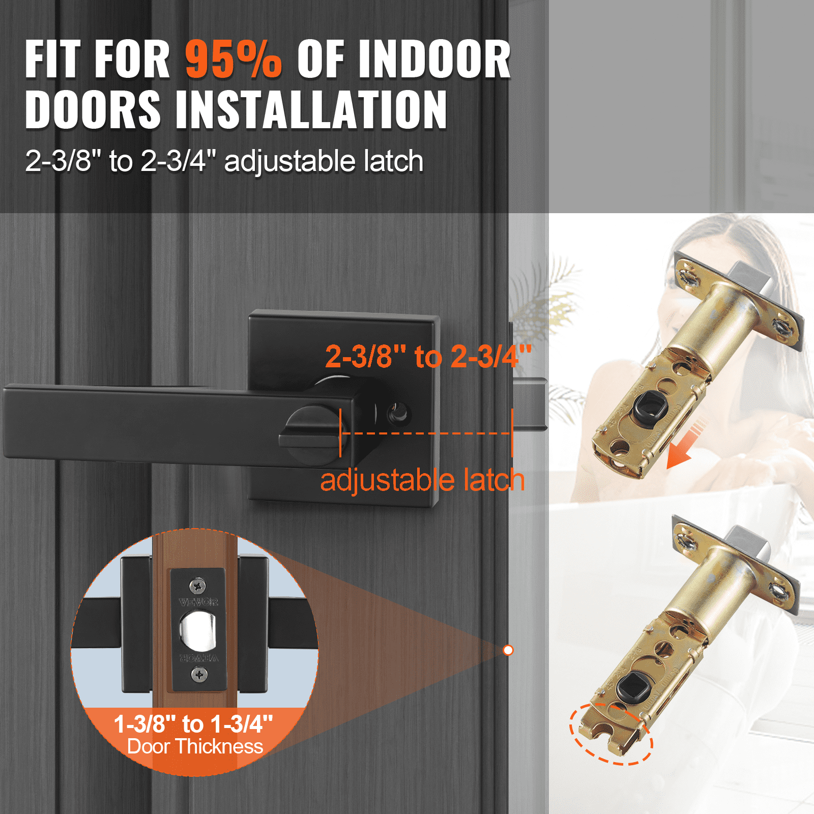 VEVOR Privacy Door Handle, 10 Pack Matte Black Door Lever, Left or Right Handing Reversible Lever with Keyless Lock, 45° Rotation to Open, Universal Square Interior for Bedroom and Bathroom Doors