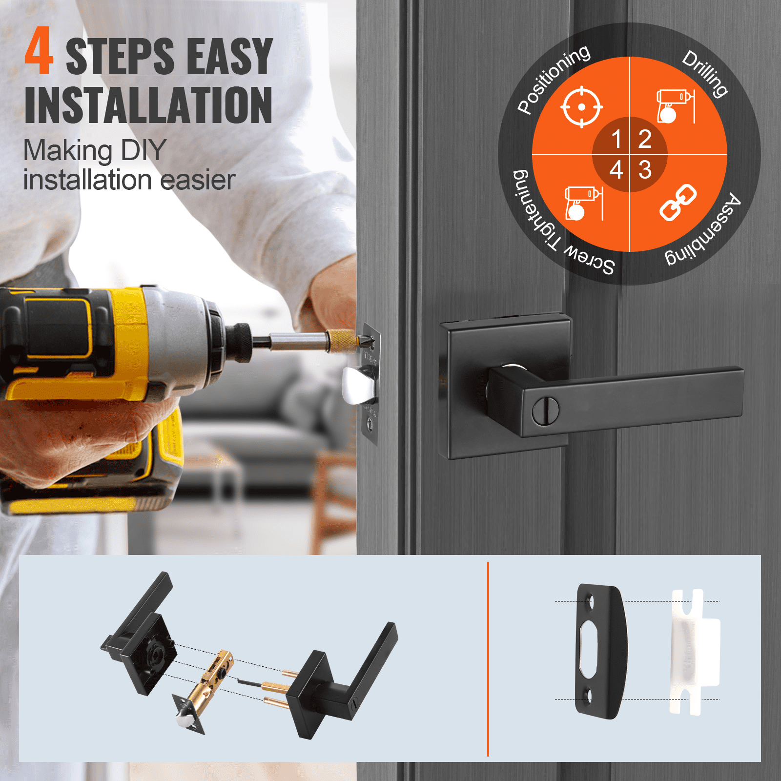 VEVOR Privacy Door Handle, 10 Pack Matte Black Door Lever, Left or Right Handing Reversible Lever with Keyless Lock, 45° Rotation to Open, Universal Square Interior for Bedroom and Bathroom Doors