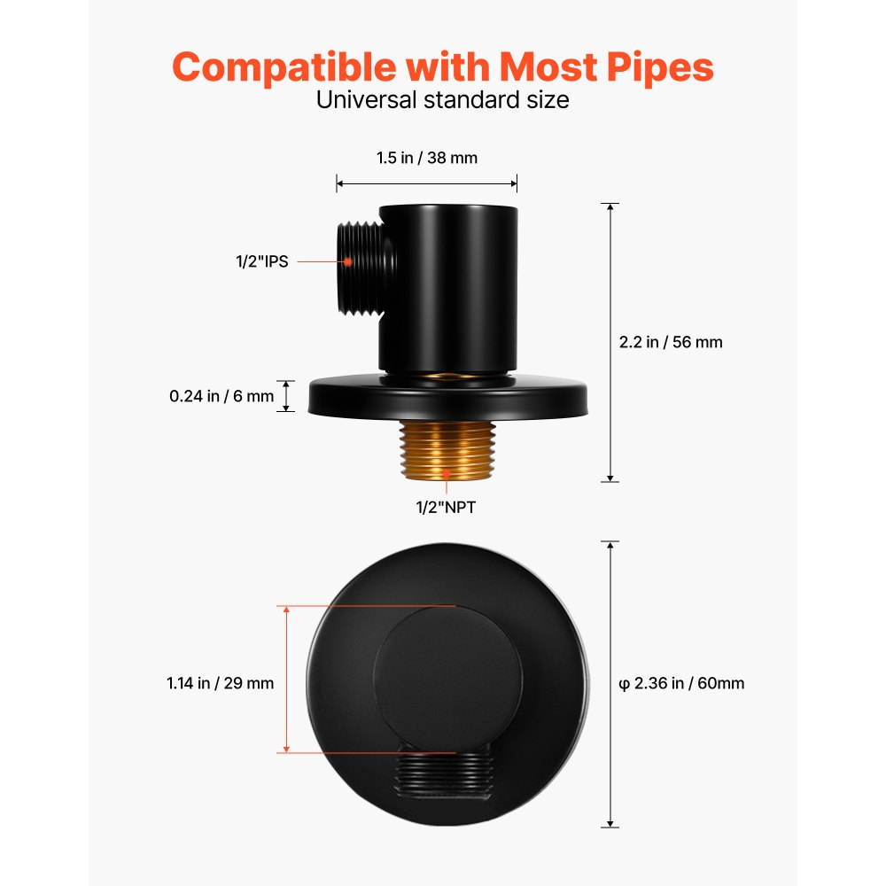 VEVOR Wall Mounted Supply Elbow, Wall Supply Elbow with O-Ring Flange, Tapered 1/2" NPT Female Inlet, Solid Brass Wall Union, Round Walls Union Water Supplying, Matte Black Finish, 1/2" IPS