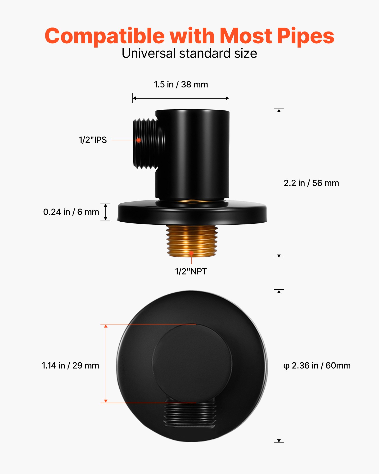 VEVOR Wall Mounted Supply Elbow, Wall Supply Elbow with O-Ring Flange, Tapered 1/2" NPT Female Inlet, Solid Brass Wall Union, Round Walls Union Water Supplying, Matte Black Finish, 1/2" IPS