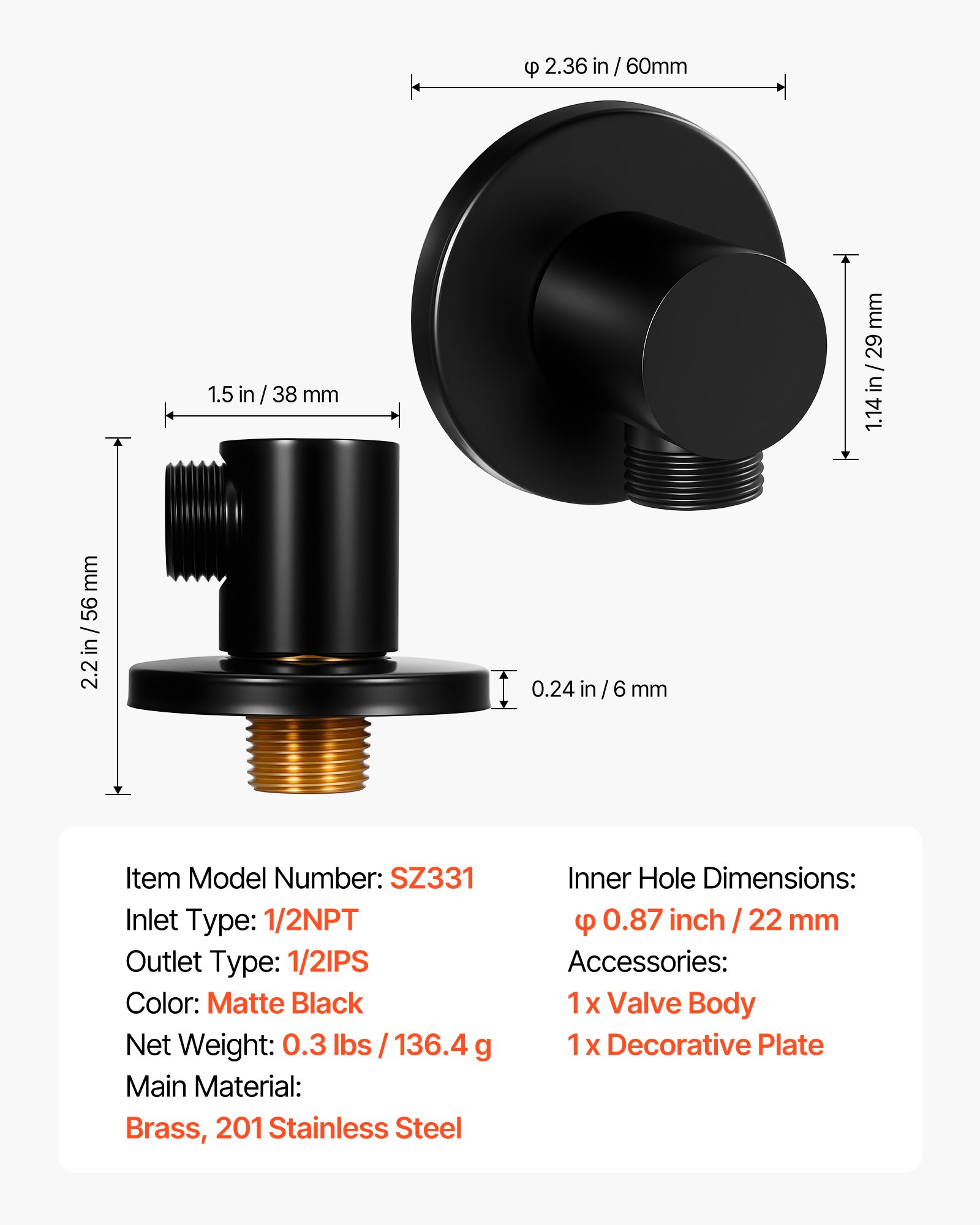 VEVOR Wall Mounted Supply Elbow, Wall Supply Elbow with O-Ring Flange, Tapered 1/2" NPT Female Inlet, Solid Brass Wall Union, Round Walls Union Water Supplying, Matte Black Finish, 1/2" IPS