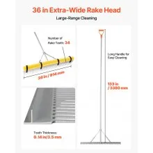 VEVOR Landscape Rake, 36 inch Wide Head 133 inch Handle, Large Heavy Duty Aluminum Landscaping Leaf Rake Tool, Asphalt Level for Loosening Soil, Garden & Yard, Pond Gravel & Beach Lawn Care, 52ft Rope