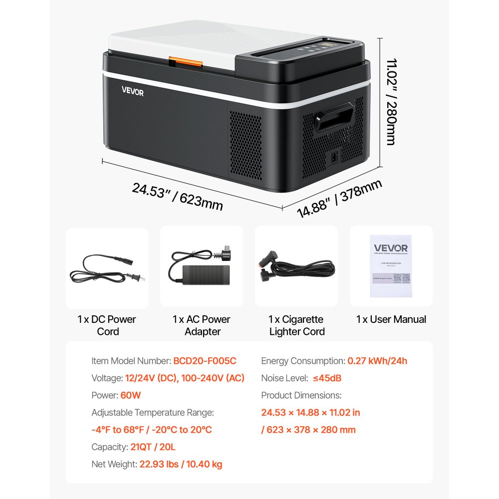 VEVOR Car Refrigerator, DC 12/24V AC100-240V Compressor Electric Cooler, -20°C to 20°C Car Fridge with APP Control, 20L Cars Freezer for RVs, Campsites, Boats, Camping, Fishing, 60W Portable Freezer