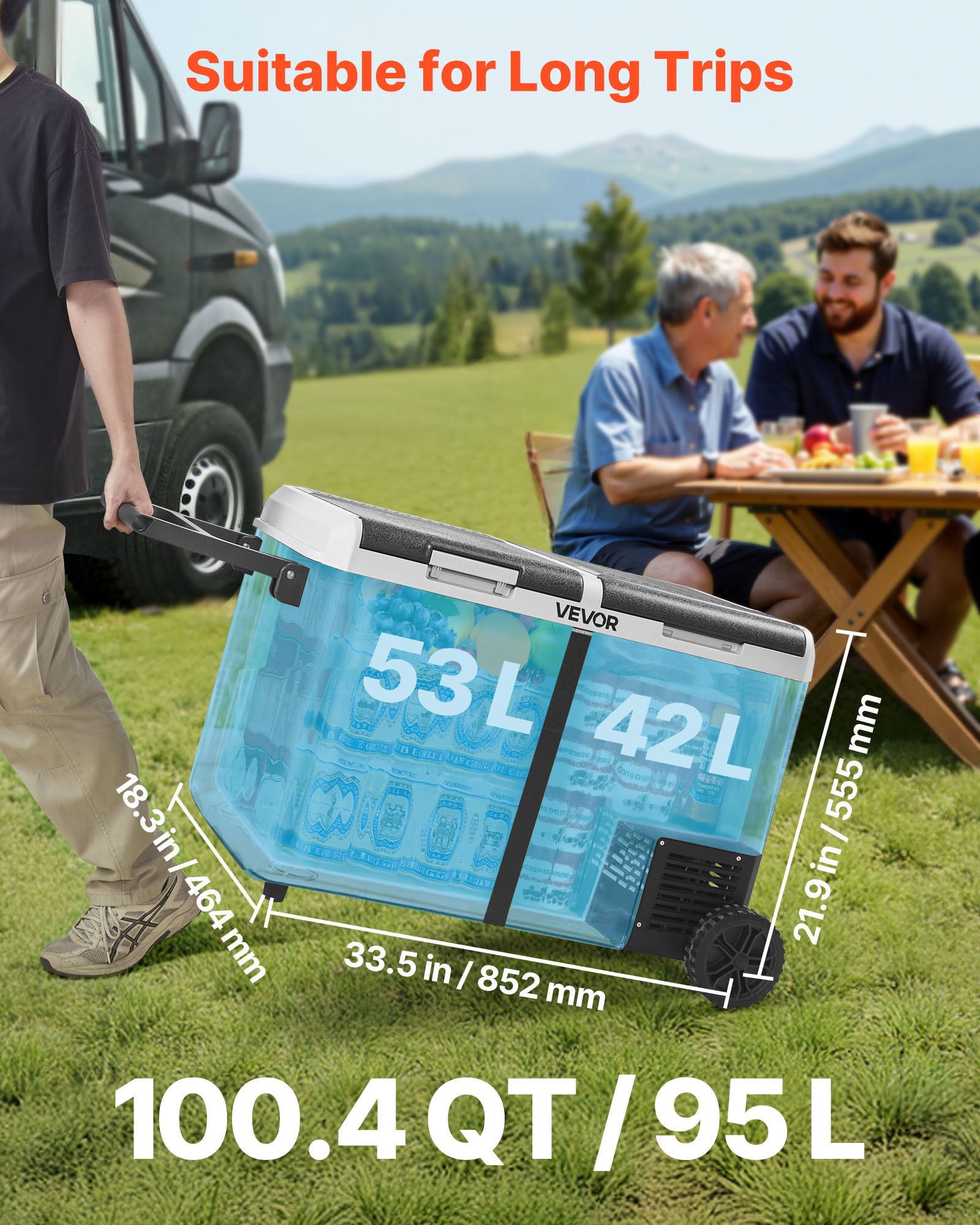 VEVOR 12 Volt Car Refrigerator, 95L Car Fridge, Dual Zone Portable Electric Cooler with Wheels and Handle, -20℃ to 20℃, 12/24V DC 100-240V AC Compressor Freezer for Outdoor, Camping, Travel, RV
