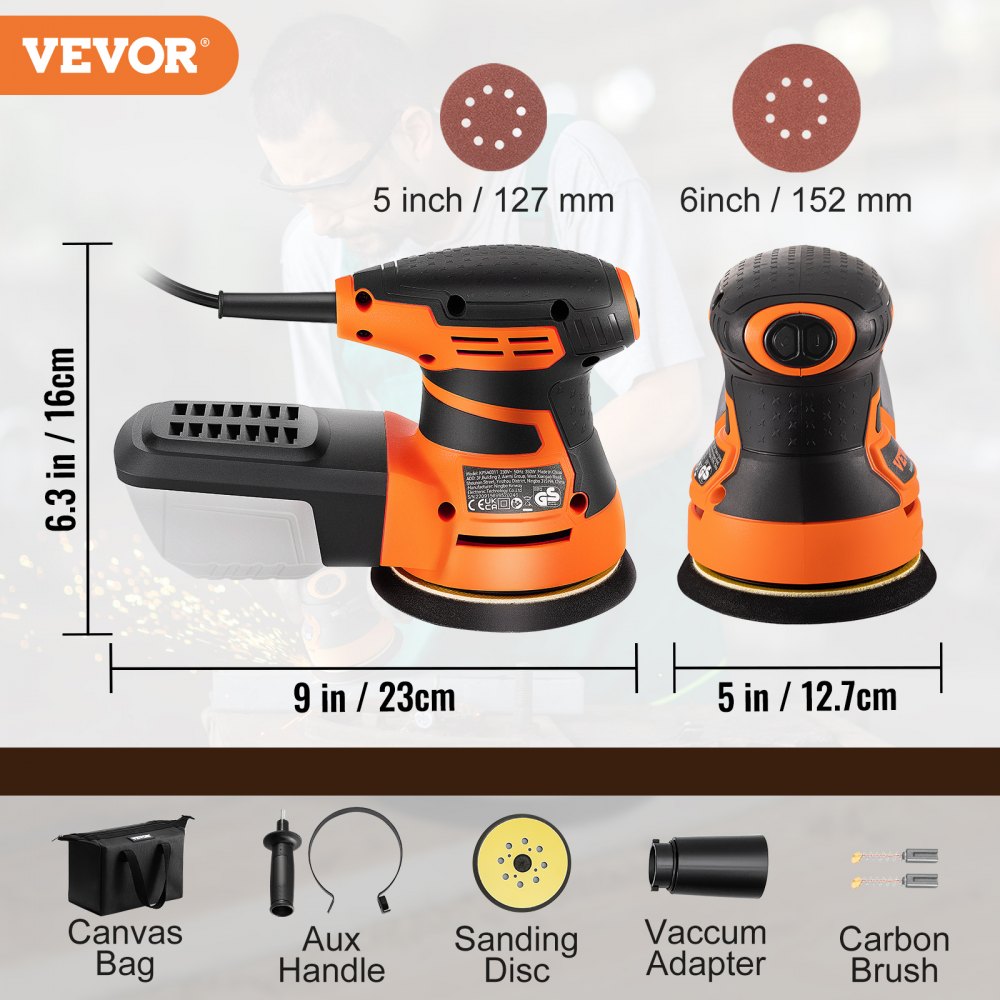 VEVOR Random Orbit Sander, 3A 350W Orbital Sander, 6 Speeds 13000 OPM 5" Palm Sander w/ 2pcs A-level Hook-and-loop Sanding Discs & Vacuum Connector, for Woodworking, Detailing, Finishing