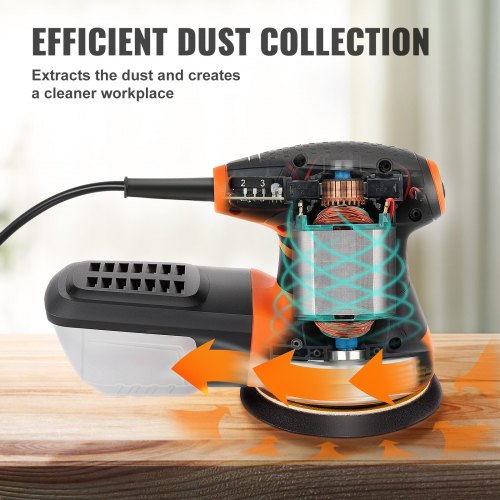 VEVOR Random Orbit Sander, 350W Orbital Sander, 6 Speeds 13000 OPM 5" Palm Sander w/ 2pcs A-level Hook-and-loop Sanding Discs & Vacuum Connector, for Woodworking, Detailing, Finishing
