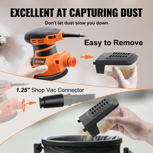 VEVOR Random Orbit Sander, 350W Orbital Sander, 6 Speeds 13000 OPM 5" Palm Sander w/ 2pcs A-level Hook-and-loop Sanding Discs & Vacuum Connector, for Woodworking, Detailing, Finishing