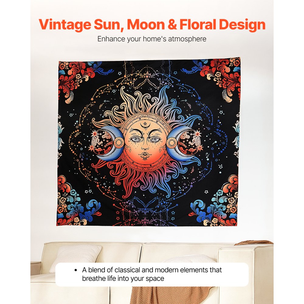 VEVOR Sun and Moon Tapestry, Psychedelic Mystic Floral Aesthetic Wall Tapestry, Vintage Wall Blanket for Home Decoration, Suitable for Bedroom, Living Room, Dorm (50.39 x 57.87 inches)