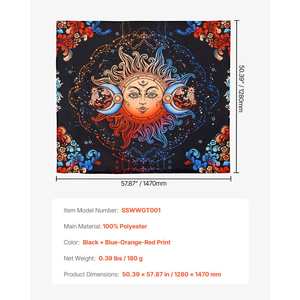 VEVOR Sun and Moon Tapestry, Psychedelic Mystic Floral Aesthetic Wall Tapestry, Vintage Wall Blanket for Home Decoration, Suitable for Bedroom, Living Room, Dorm (50.39 x 57.87 inches)