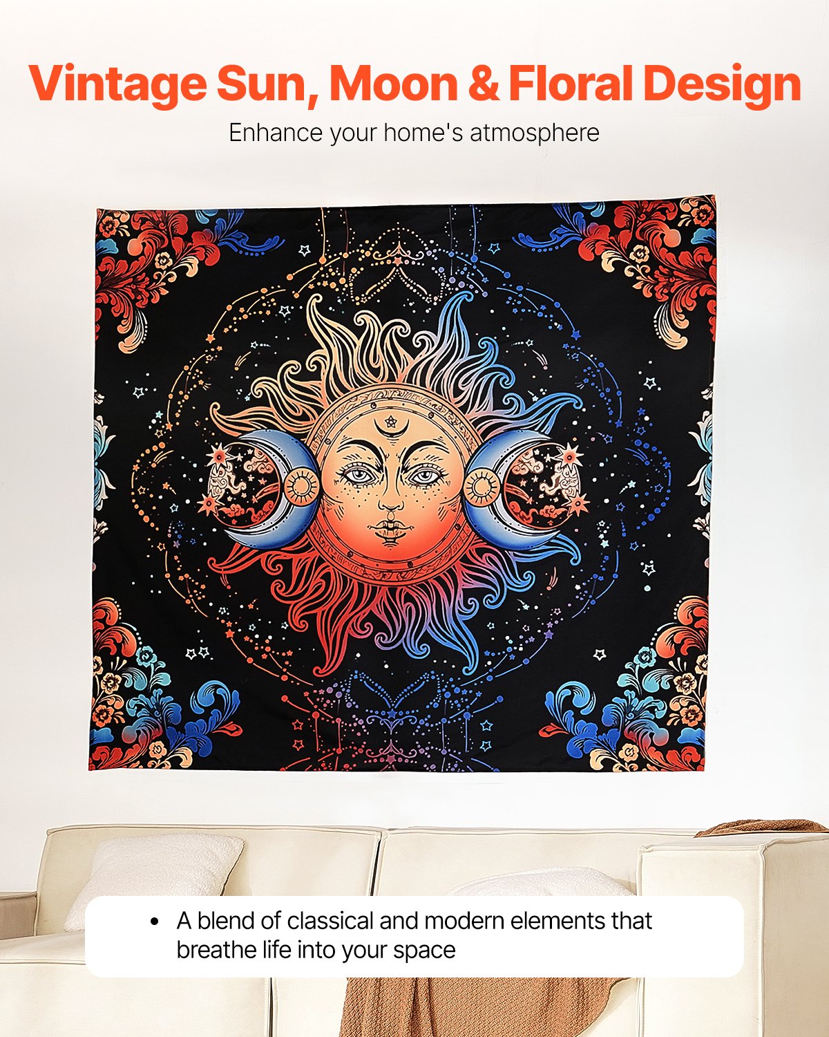 VEVOR Sun and Moon Tapestry, Psychedelic Mystic Floral Aesthetic Wall Tapestry, Vintage Wall Blanket for Home Decoration, Suitable for Bedroom, Living Room, Dorm (50.39 x 57.87 inches)