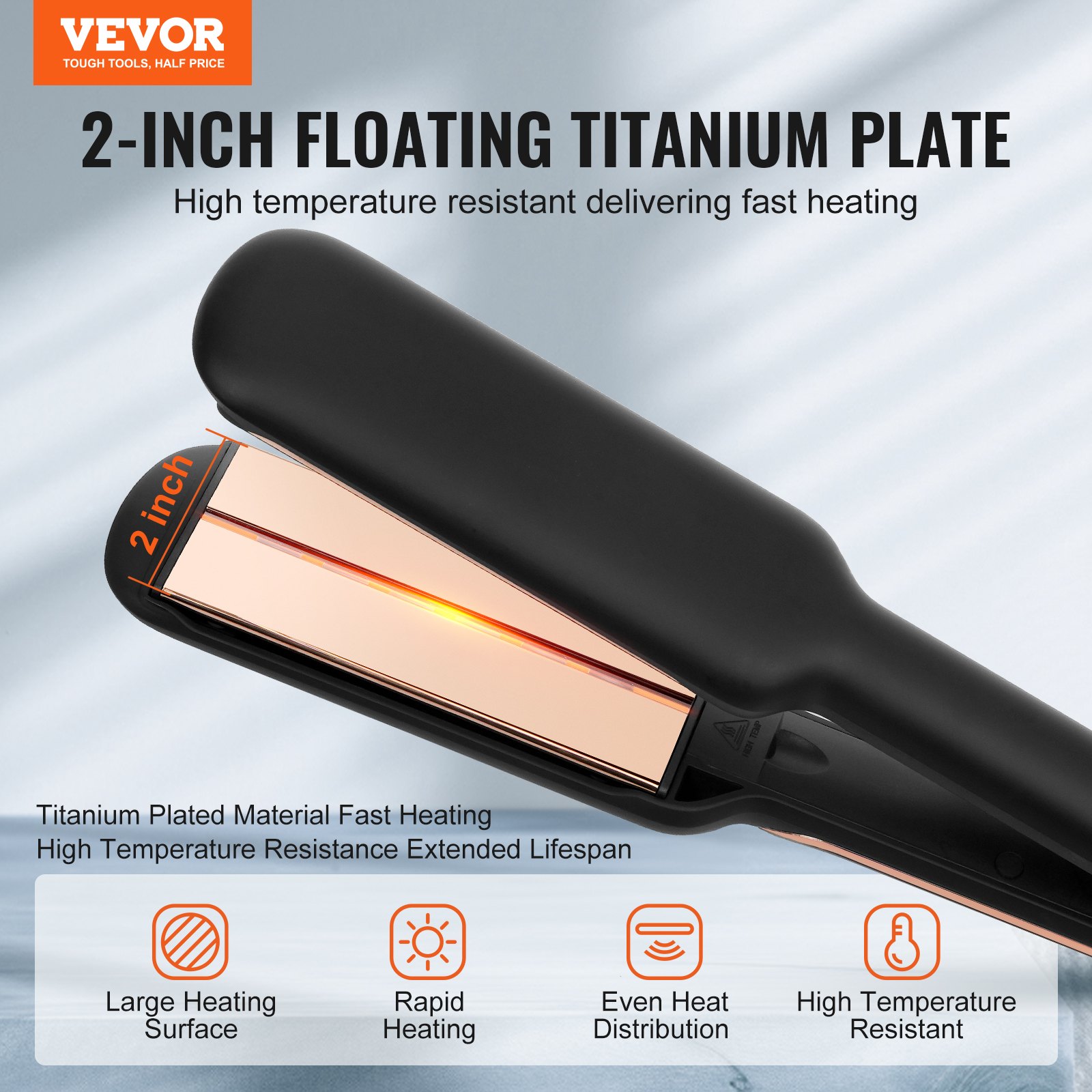 VEVOR Hair Straightener, 2-inch Titanium Flat Iron - with Infrared Technology and Negative Ions, Fast Heating Hair Straightener Flat Iron with LCD Display and 11 Temp Levels for Salon Home Travel