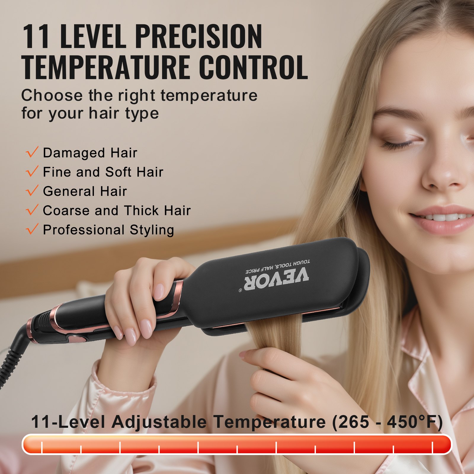 VEVOR Hair Straightener, 2-inch Titanium Flat Iron - with Infrared Technology and Negative Ions, Fast Heating Hair Straightener Flat Iron with LCD Display and 11 Temp Levels for Salon Home Travel